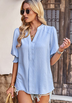 Women Jacquard V Neck Half Sleeve Shirt