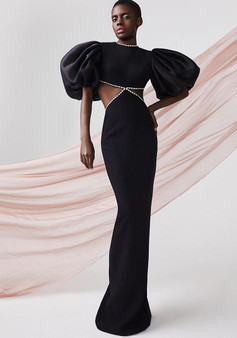 Puff Sleeve Low Back Black Evening Dress Long Party Dress