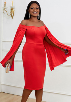 Women Elegant Off Shoulder Pleated Long Sleeve Bodycon Dress