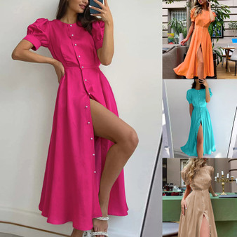 Women Summer Short Sleeve Button High Waist Long Dress