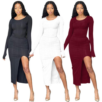 Women Fall Sexy Long Sleeve Slit Irregular Round Neck Dress