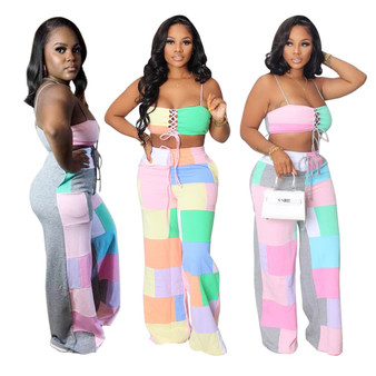 Women Fashion High Waist Multicolor Plaid Wide Leg Pants