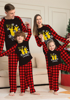 deer print Christmas parent-child Pajamas Set Round Neck plaid spring and autumn home clothes