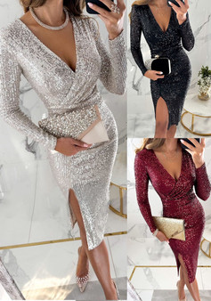 Women Party Sequin Slit Long Sleeve Dress