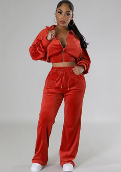 Women Solid Zipper Top and Pant Two-piece Set