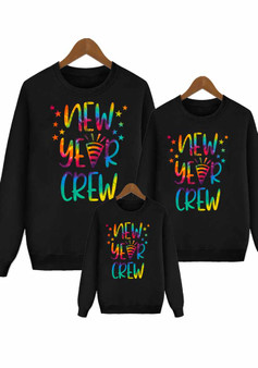 New Year Crew Multi-Color Letter Star Print Parent-Child Tops Long Sleeves Round Neck Sweatshirt