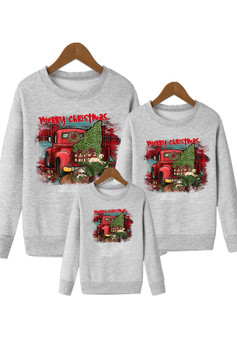 Merry Christmas Fleece Round Neck Sweatshirt Parent-Child Family Christmas Tree Print Long Sleeve T-Shirt