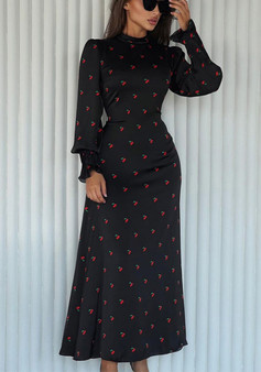 Women's Printed Round Neck Long Sleeve Dress Fall Fashion Slim Waist Satin Maxi Dress