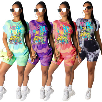 Women Tie Dye Printed Short Sleeve Top + Shorts Casual Two Piece