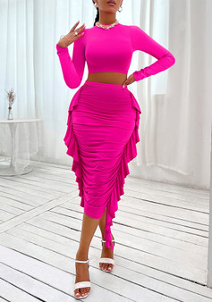 Autumn and winter fashionable and sexy women's solid color Round Neck Open Waist long-sleeved ruffle skirt two piece set