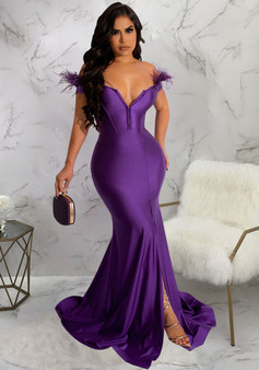 Women solid color v-neck sleeveless slit mermaid dress evening dress