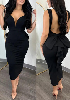 Chic Elegant Solid Color Low Back Deep V High Waist Bow Elastic Slit Bodycon Dress