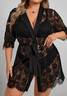 Plus Size Erotic Lingerie Flower Lace Mesh Night Robe