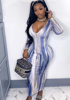 Women Long Sleeve V Neck Striped Dress