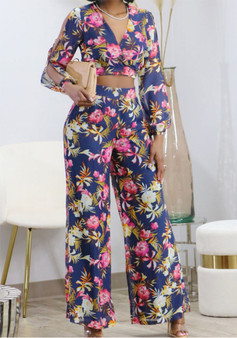 Women's Spring Floral Printed V-Neck Two-Piece Pants Set