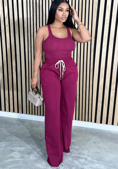 Women sexy tank top and belted Pants Casual two-piece set