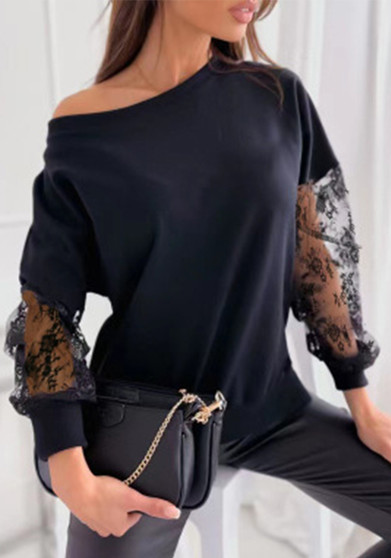 Spring Solid Color Chic Lace Patchwork Slash Shoulder Loose Long-Sleeved Lace Shirt