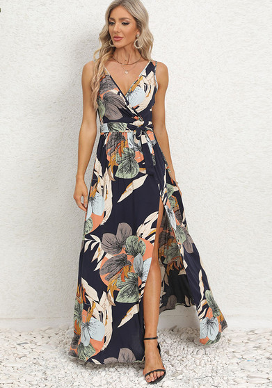 Summer Women's V-Neck Sleeveless Slit Printed Long Strap Dress