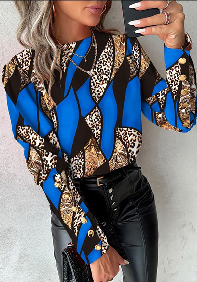 Spring Fashion Printed Long Sleeve Round Neck Button Shirt For Women