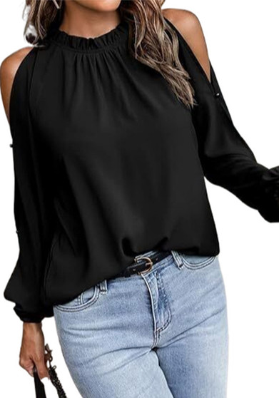 Women's Fashion Career Cut Out Long Sleeve Solid Color Stand Collar Shirt Top