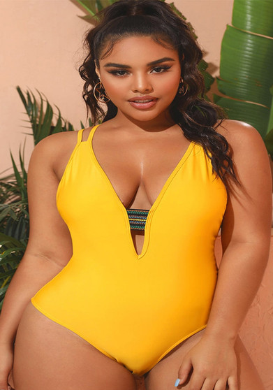 Plus Size Women Solid Backless Cross Strap One Piece Swimwear