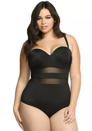 Plus Size Women Solid Mesh Patchwork Underwire Backless One-Piece Swimwear