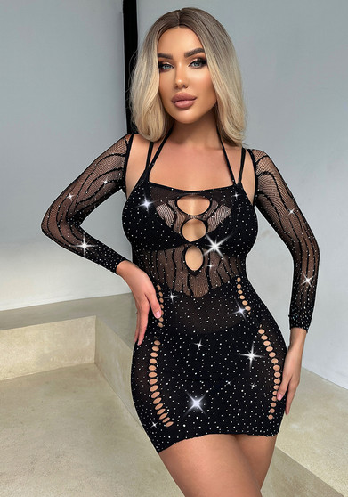 Hollow Striped Beaded One-piece Bodycon Tight Fitting dress Sexy Temptation Rhinestone lingerie Sexy Underwear for Women