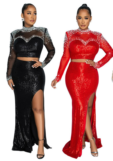 Fashionable Round Neck Mesh sequined long-sleeved top high slit skirt two-piece set for women