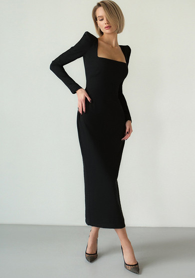 Autumn and winter French black dress Chic Slim Waist square neck long-sleeved elegant Tight Fitting long dress for women