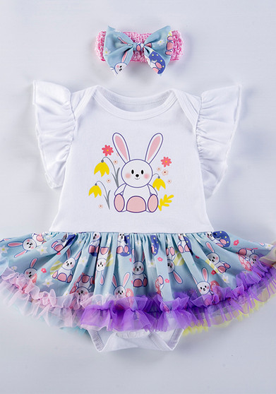 Girls Easter Cartoon Rabbit Dress with Hair Accessories Two-piece Set