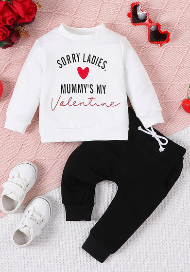 Girls Heart Print Letter printed white long-sleeved T-shirt + black trousers two-piece set