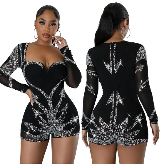 Women Long Sleeve Beaded Romper