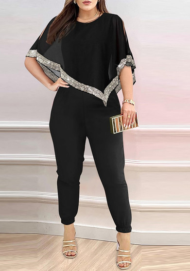 Plus Size Women Solid Sequin Top and Pant Two-piece Set