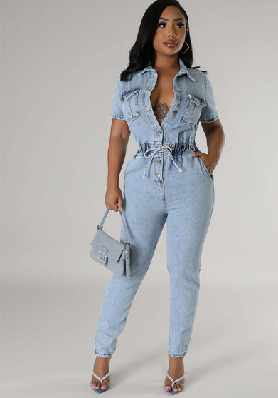 Women Stretch Washed Denim Short Sleeve Jumpsuit