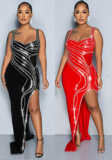 Women Sexy Beaded Sleeveless Bodycon Slit Dress