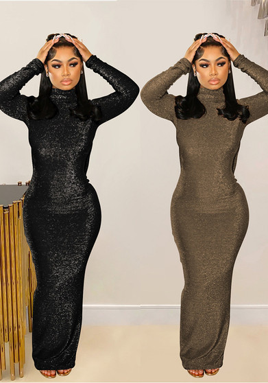 Fashion Women's Solid Color Sexy Long Sleeve Low Back Long Dress