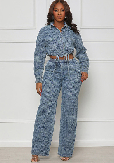 Fashion long-sleeved Denim women's two-piece trousers set