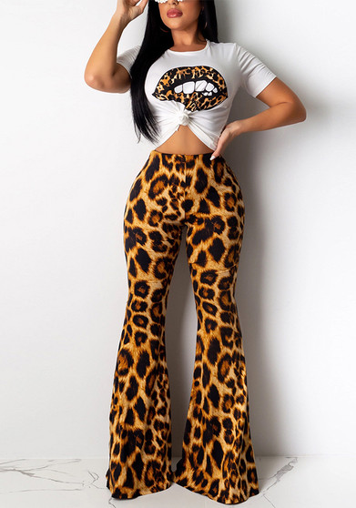 Women'S Sexy Lips Print T-Shirt Leopard Print Bell Bottom Pants Two-Piece Set