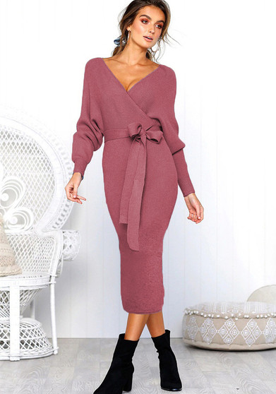 Spring Sexy V-Neck Lace-Up Long-Sleeved Women's Dress