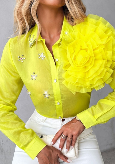 Women Floral See-Through Beaded long Sleeve Shirt