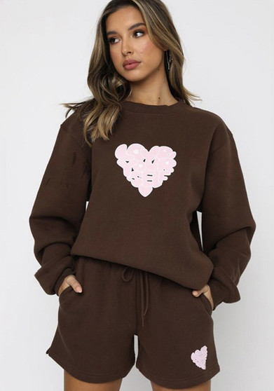 Fall Winter Casual Round Neck Shorts Set Women'S Letter Hearts Print Long Sleeve Hoodies Outfit