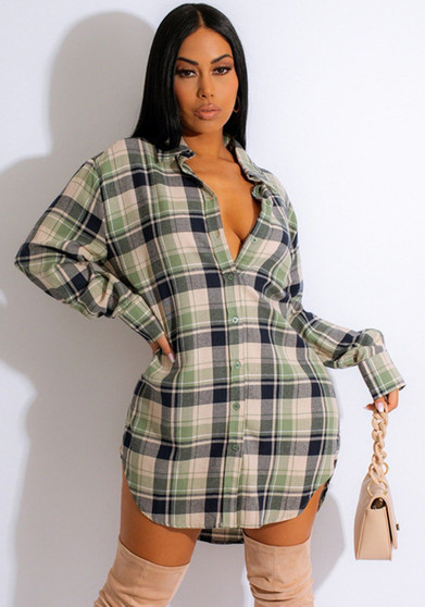 Fall/Winter Women'S Casual Turndown Collar Check Shirt Dress, Cardigan Jacket