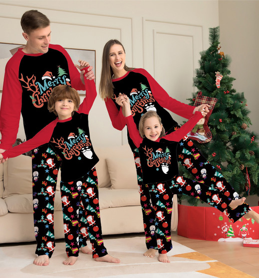 Christmas Cartoon Print Round Neck Long Sleeve Top+Pant Pajama Two Piece