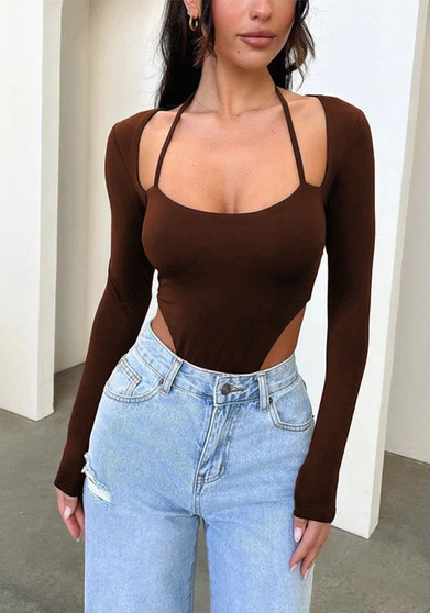 Women Sexy High Waist Hollow Halter Neck Long Sleeve Bodysuit