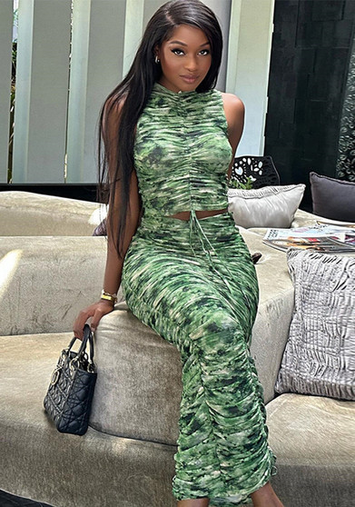 Women Printed Sleeveless Drawstring Top and Sexy Bodycon Skirt Two-piece Set