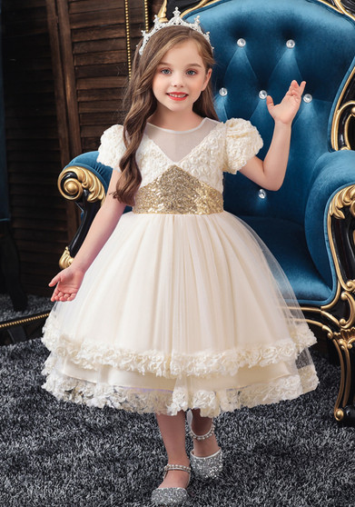 Girls short sleeve sequined mesh princess dress birthday party dress