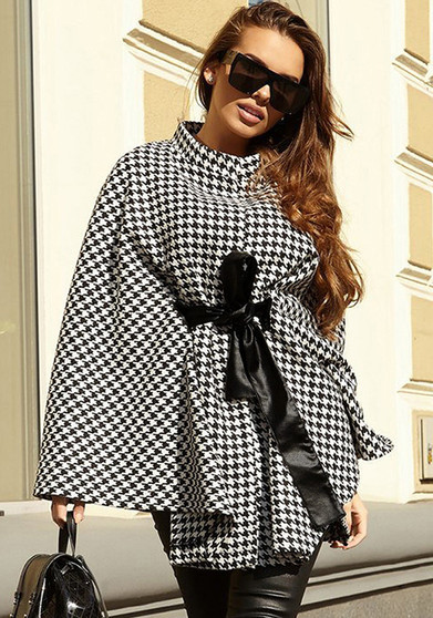 Women Houndstooth Wool Loose Lace-Up Cape Coat