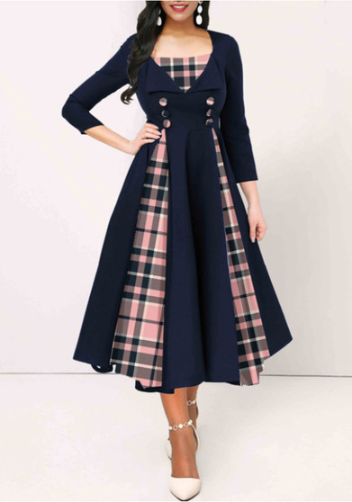 Women Contrast Plaid Long Sleeve Dress