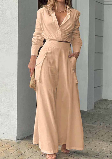 Women'S Casual Solid Color Cropped Long Sleeve Shirt High Waist Wide Leg Pants Two Piece Set