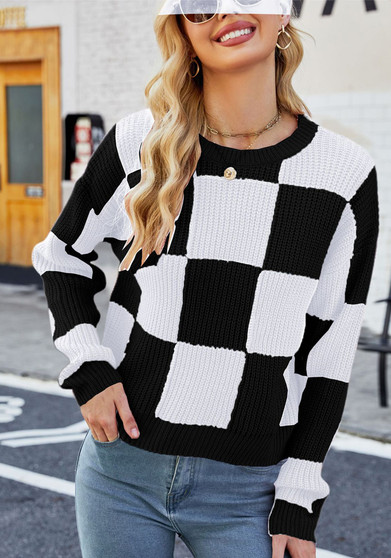 Women autumn and winter checkerboard long sleeve sweater